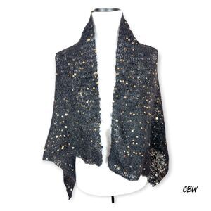Handknit black Mohair Wrap with gold Square Sequins evening shawl stole